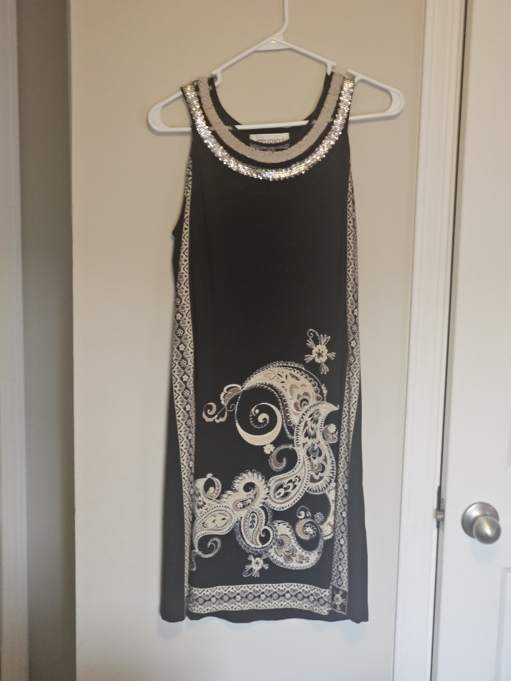 Sleeveless Black Beaded Neck Dress with Cream Paisley Print